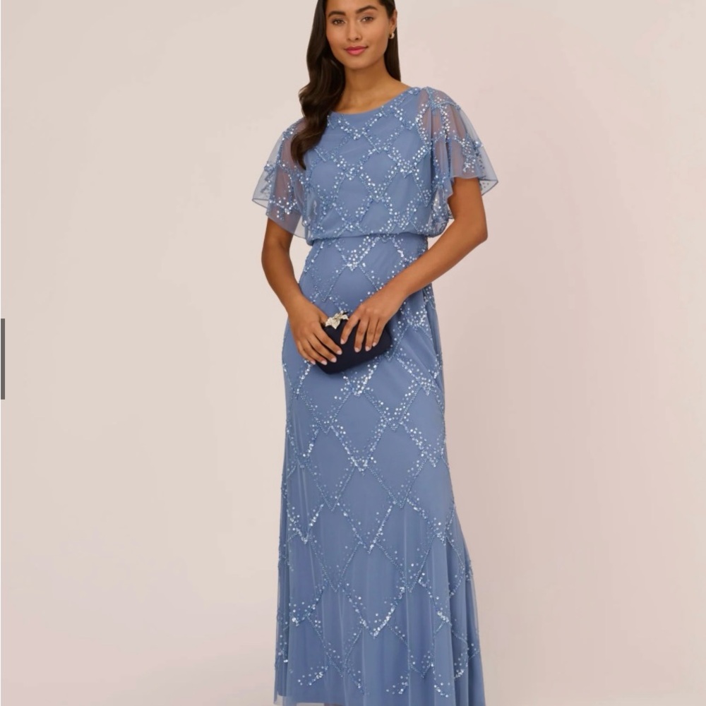 Adrianna Papell Light French Blue Beaded floor length beaded flutter Dress 8 NWT